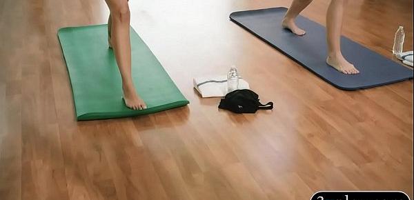  Blonde yoga trainer teaching new techniques to two hotties